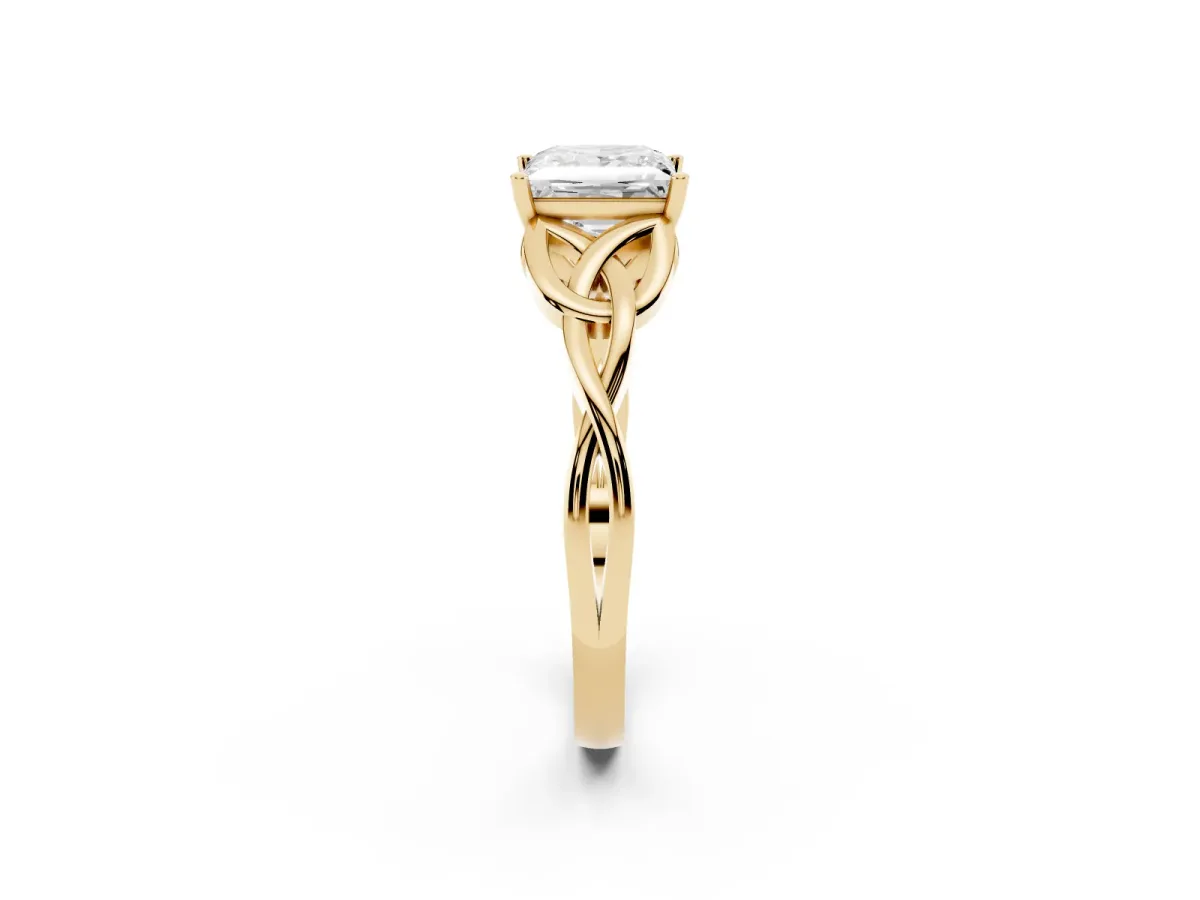 Princess Cut Diamond Solitaire Engagement Ring with Celtic Knot Band and Four-Prong Setting Yellow gold