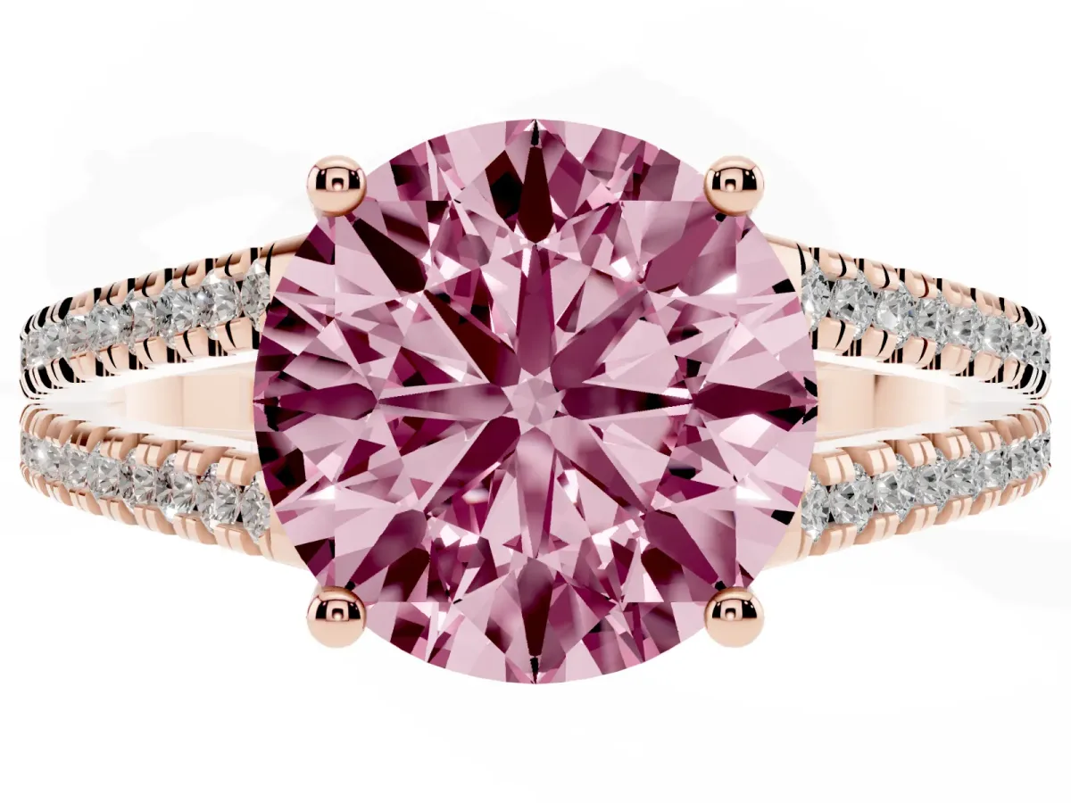 Fancy Pink Round Cut Diamond Solitaire Engagement Ring with Split Shank Pavé Band Rose gold