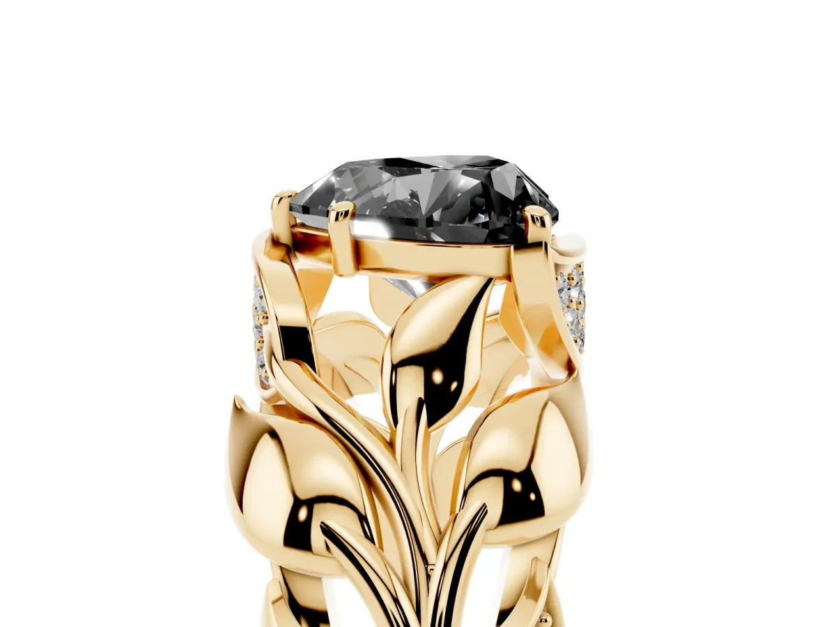 Fancy Black Heart Cut Diamond Leaf-Inspired Engagement Ring with Round Accents and Prong Setting Yellow gold