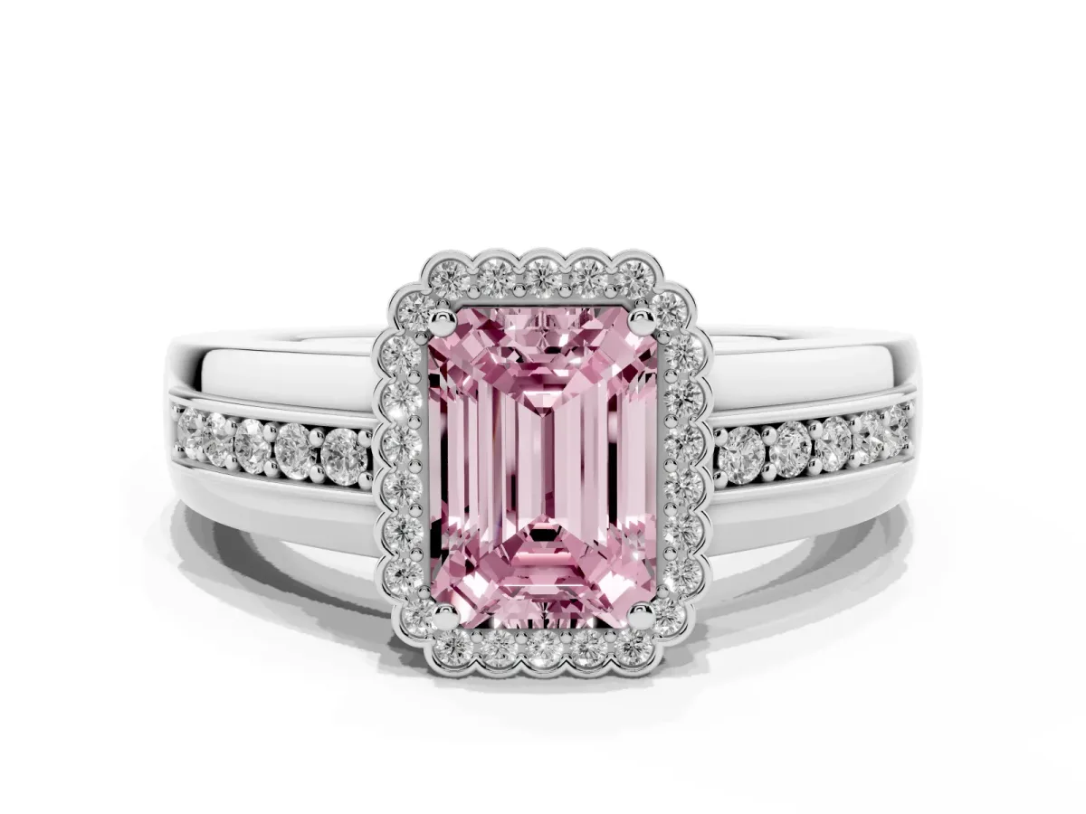 Fancy Pink Emerald Cut Cut Halo Pave Band Four-Prong Ring Silver