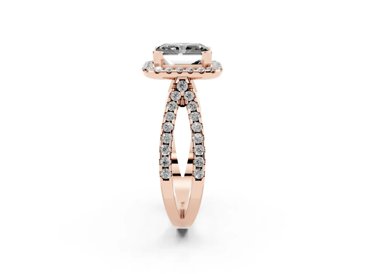 Fancy Black Radiant Cut Diamond Halo Ring with Split Shank Pavé Band and Prong Setting Rose gold