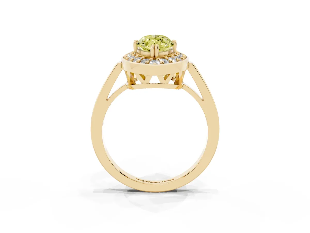 Fancy Yellow Marquise Cut Diamond Halo Ring with Split Shank and Four-Prong Setting Yellow gold