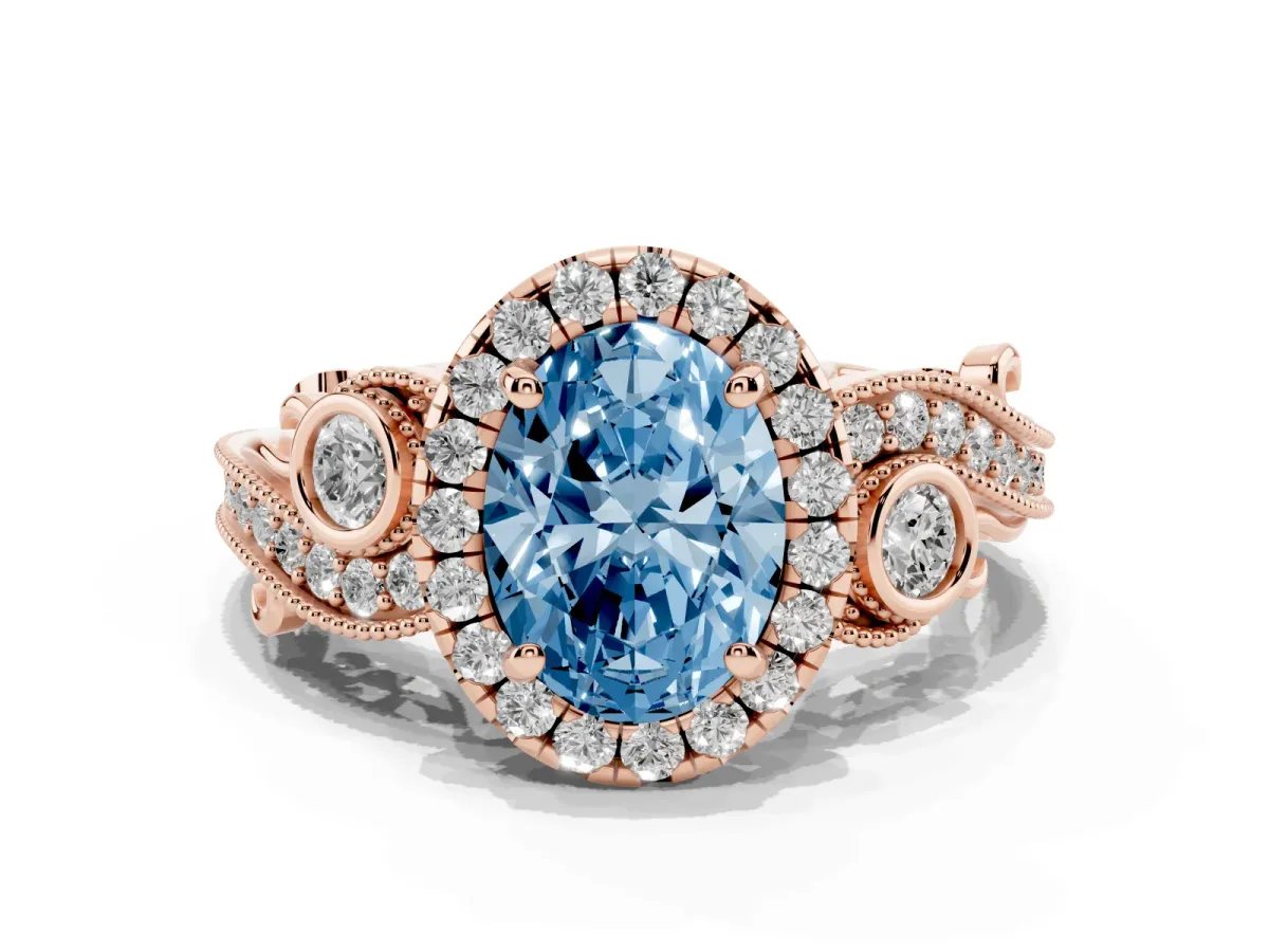 Fancy Blue Oval Cut Diamond Halo Ring with Milgrain Pavé Band and Four-Prong Setting Rose gold