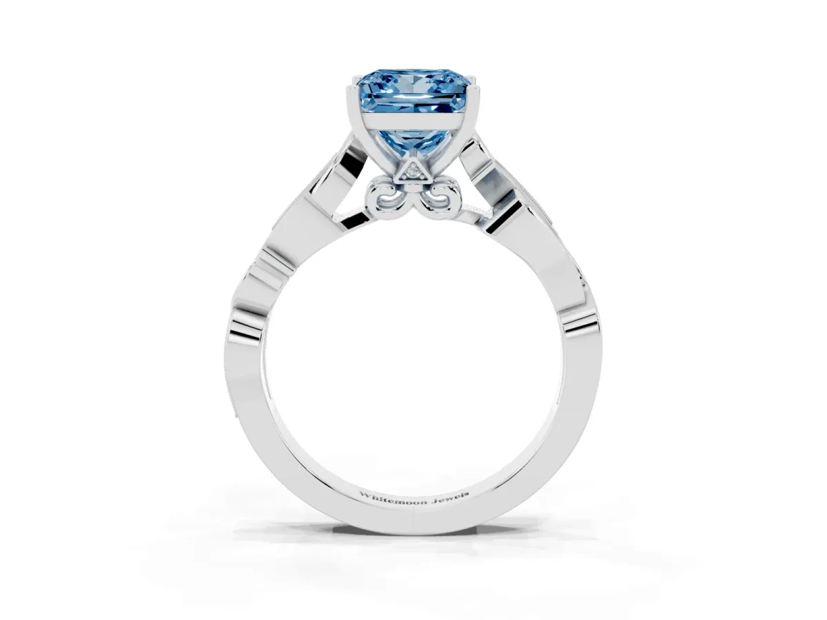 Fancy Blue Princess Cut Solitaire Vine Band with Milgrain Prong Setting Silver