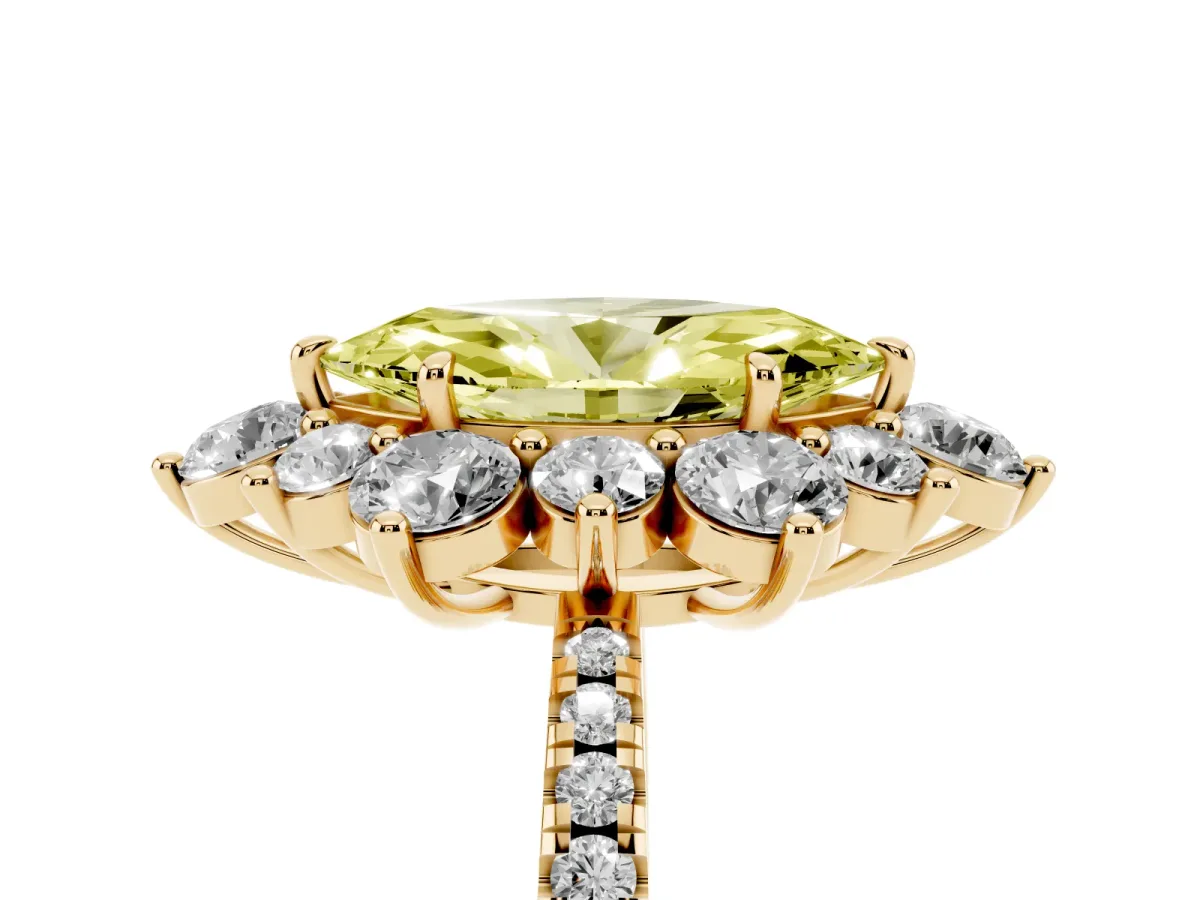 Fancy Yellow Marquise Cut Diamond Floral Halo Ring with Round Pavé Band and Prong Setting Yellow gold