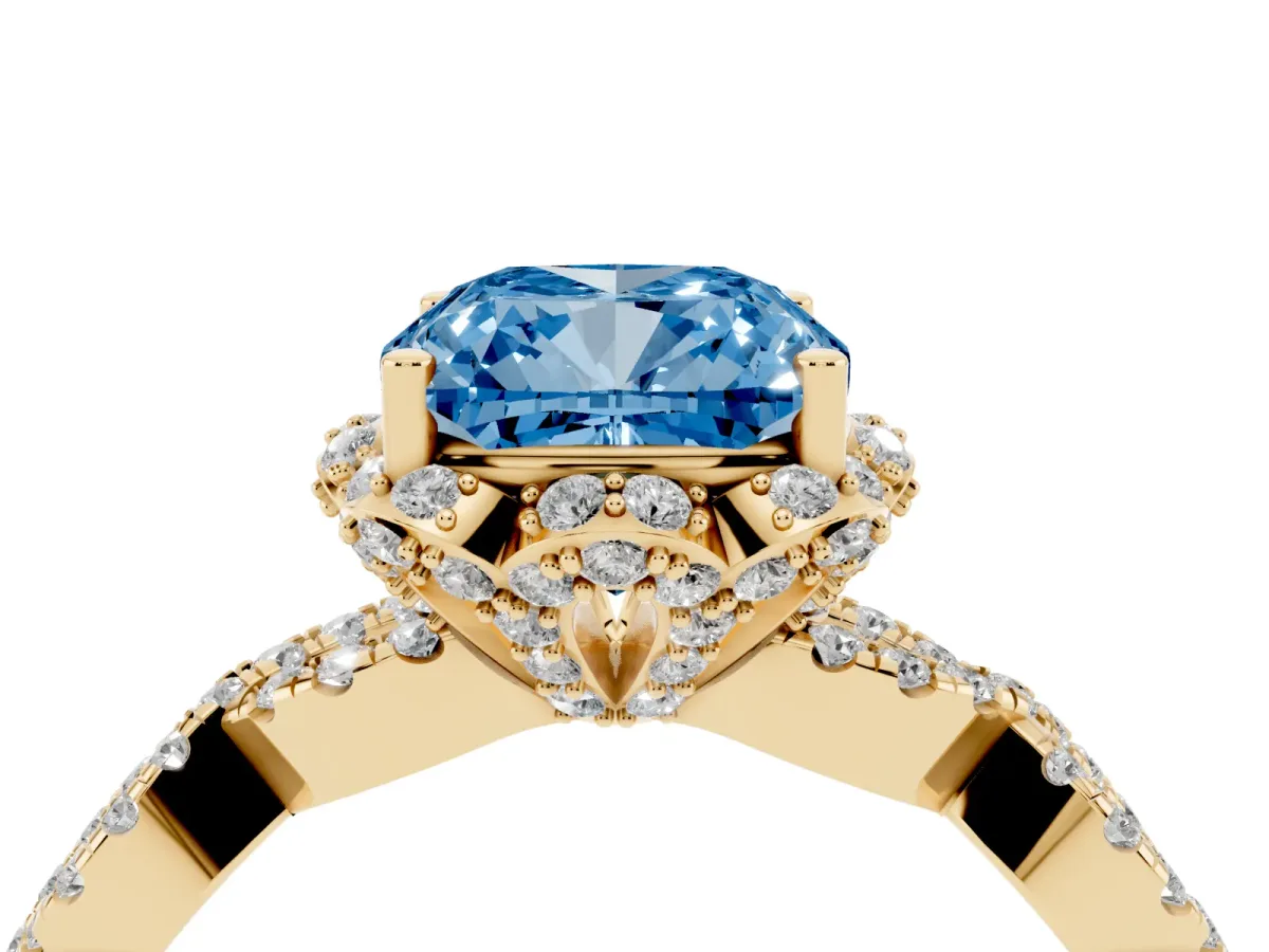 Fancy Blue Cushion Cut Halo Twist Band Solitaire Ring with Six-Prong Setting Yellow gold