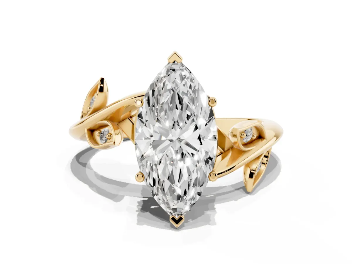 Marquise Cut Solitaire Twist Engagement Ring with Leaf Accents and Prong Setting Yellow gold