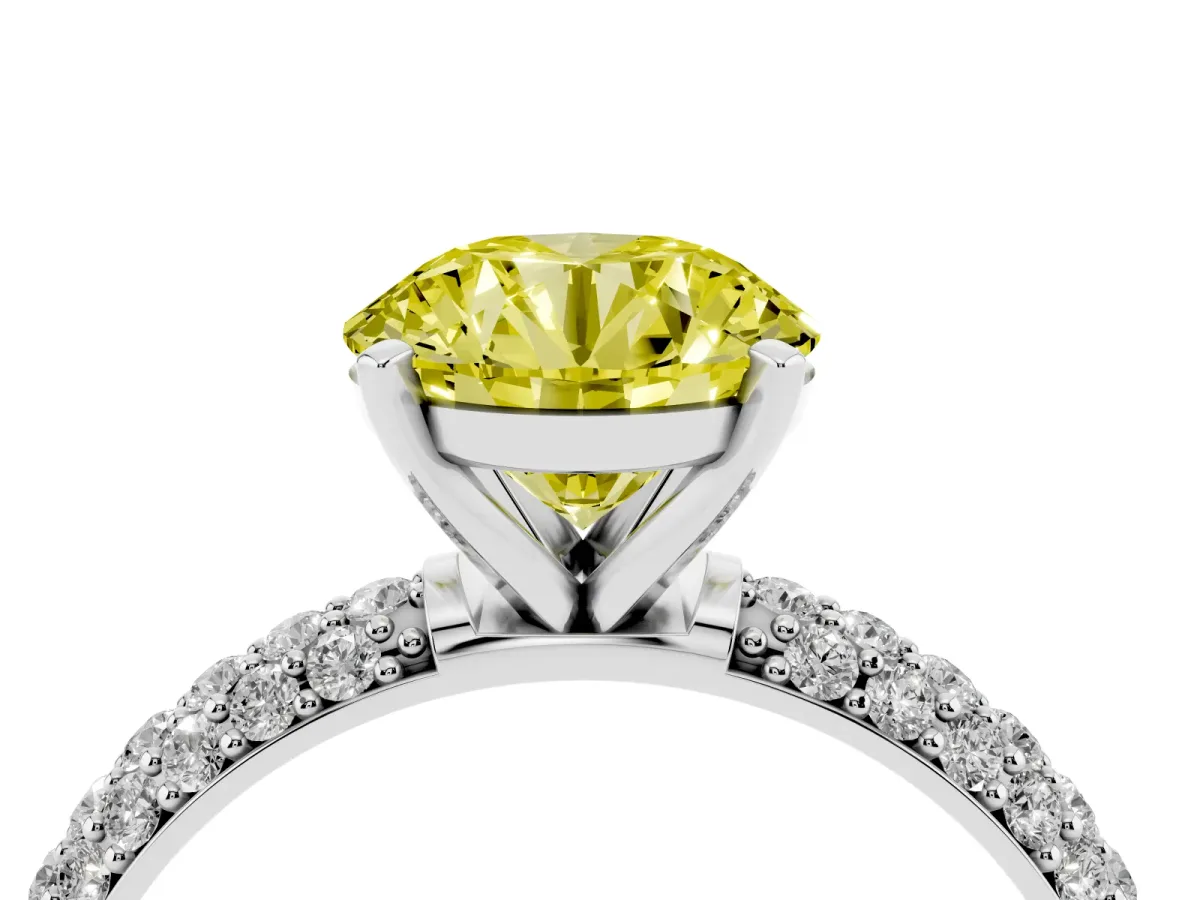 Fancy Yellow Round Cut Diamond Solitaire Ring with Prong Setting and Pavé Band Silver