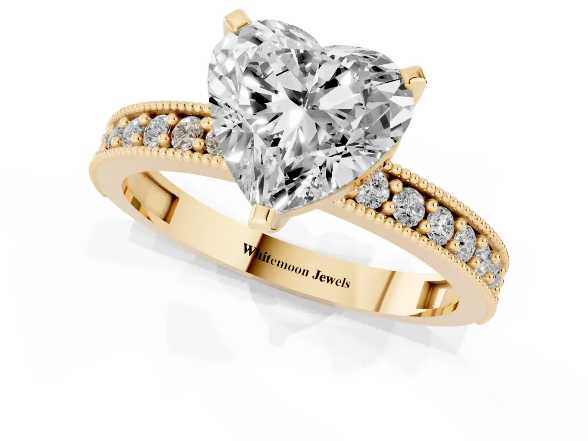 Heart Cut Diamond Milgrain Pavé Engagement Ring with Four-Prong Setting Yellow gold