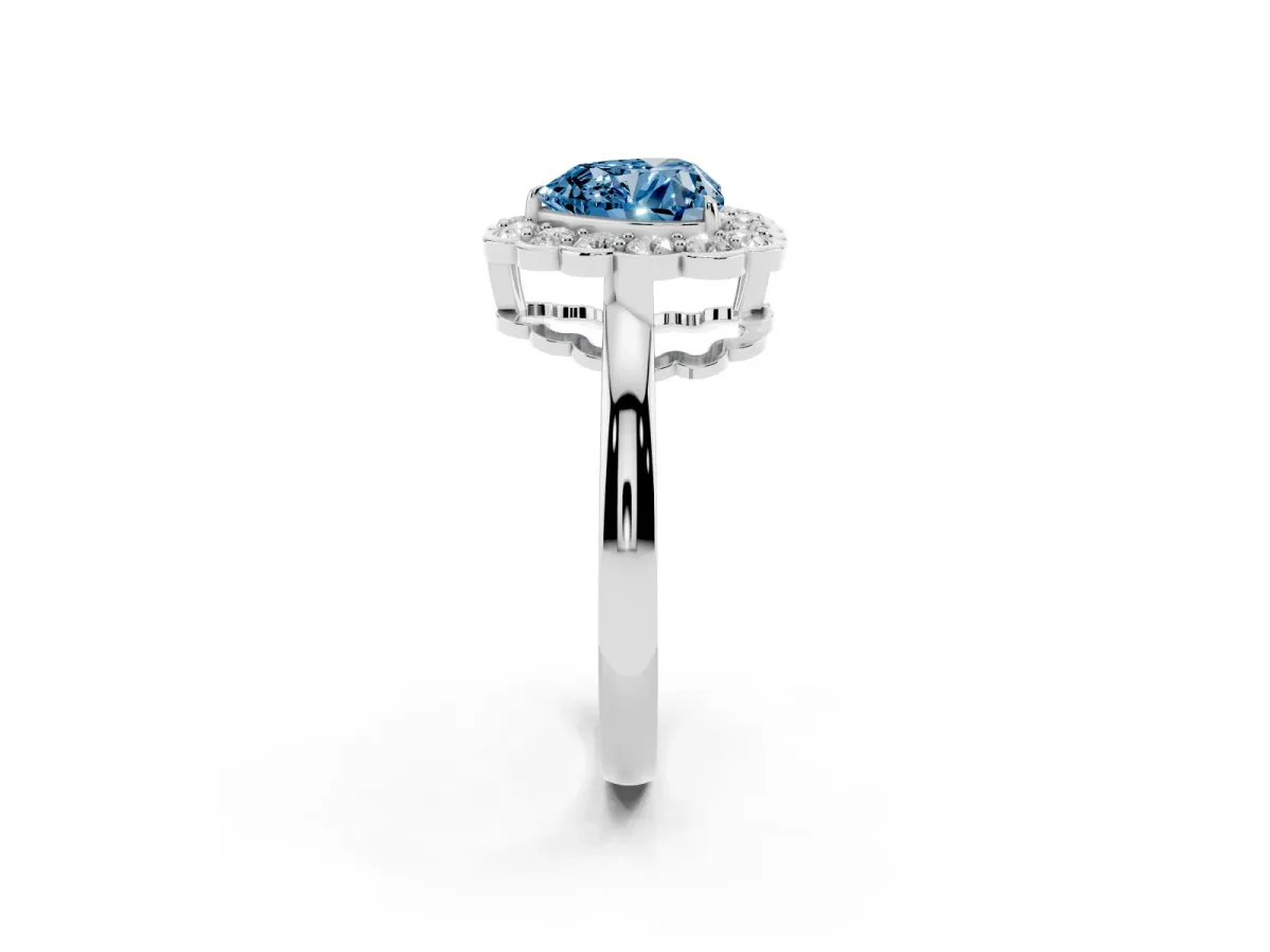 Fancy Blue Heart Cut Halo Cluster Diamond Engagement Ring with Solitaire Band and Prong Setting Platinum