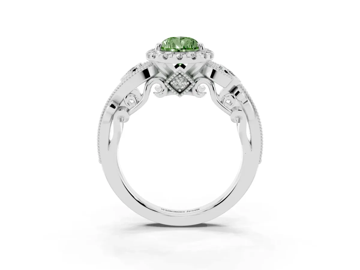 Fancy Green Pear Cut Halo Diamond Ring with Milgrain and Bezel Accents on a Split Shank Band White gold