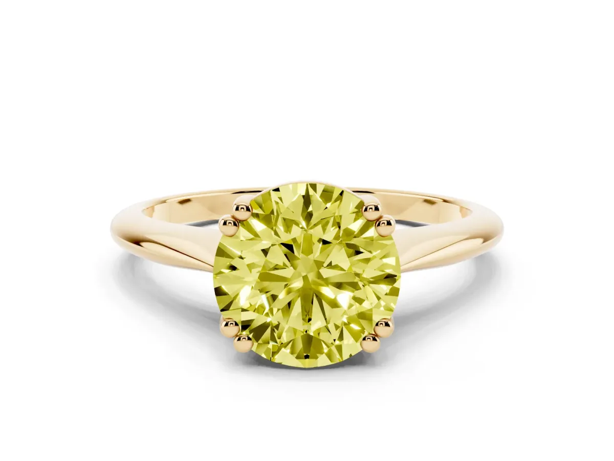 Fancy Yellow Round Cut Solitaire Diamond Ring with Six-Prong Setting and Classic Band Yellow gold