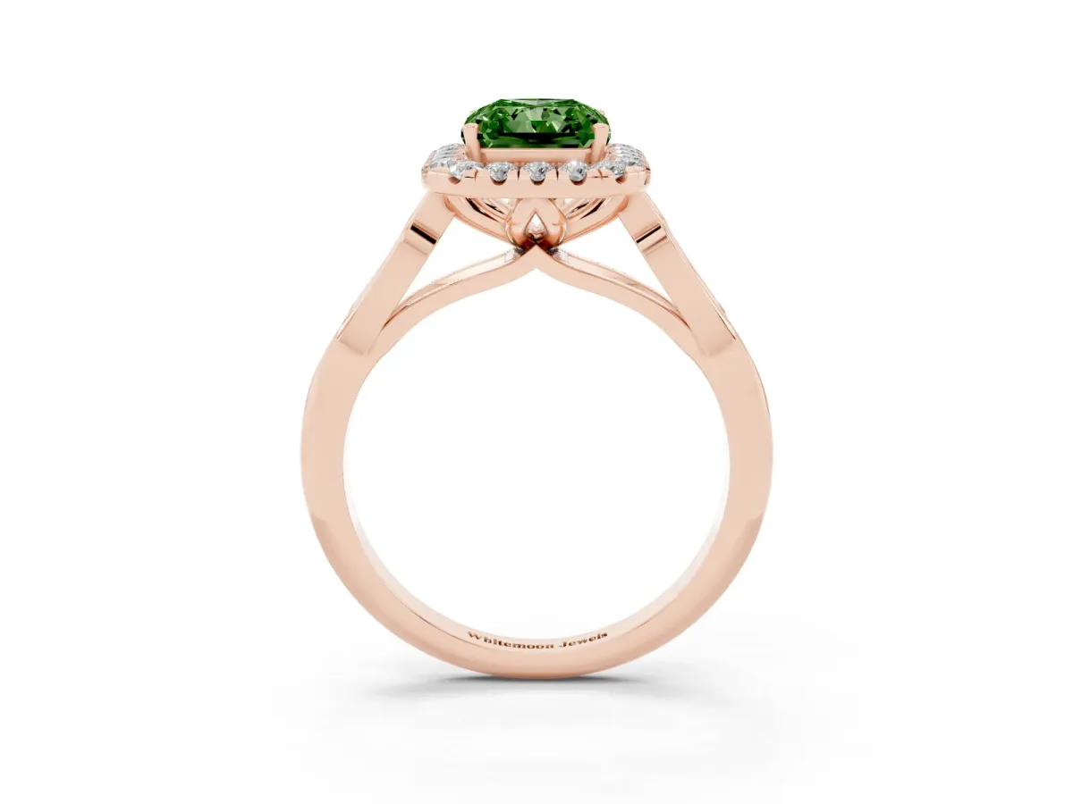 Fancy Green Radiant Cut Halo Diamond Engagement Ring with Filigree Band and Four-Prong Setting Rose gold