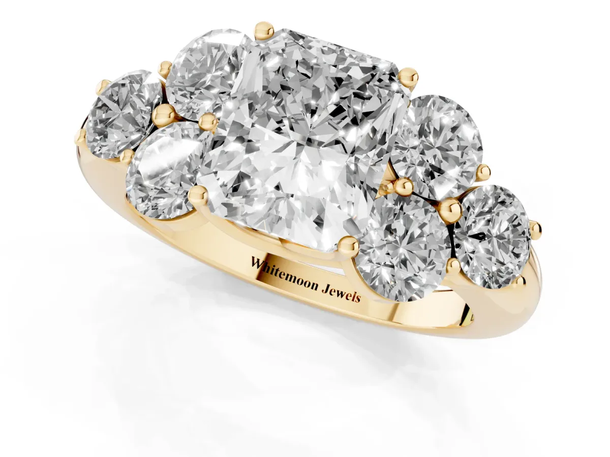 Radiant Cut Cut Diamond Cluster Ring with Round Accent Stones and Prong Setting on a Classic Band Yellow gold