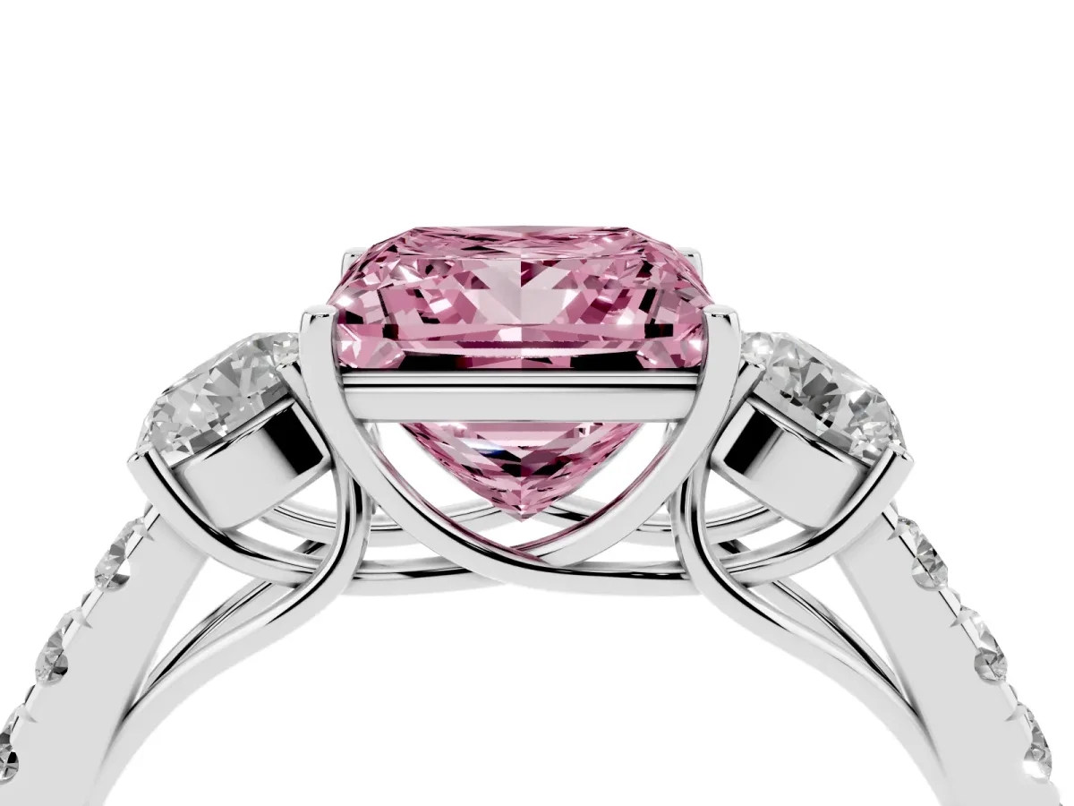 Fancy Pink Princess Cut Cut Diamond Three-Stone Ring with Round Side Stones and Pavé Band Silver