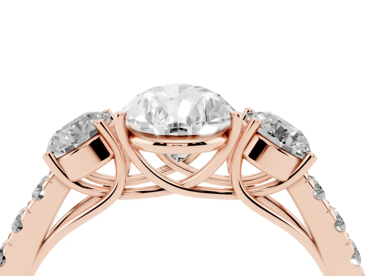 Pear Cut Cut Diamond Three-Stone Ring with Round Side Stones and Pavé Band Rose gold