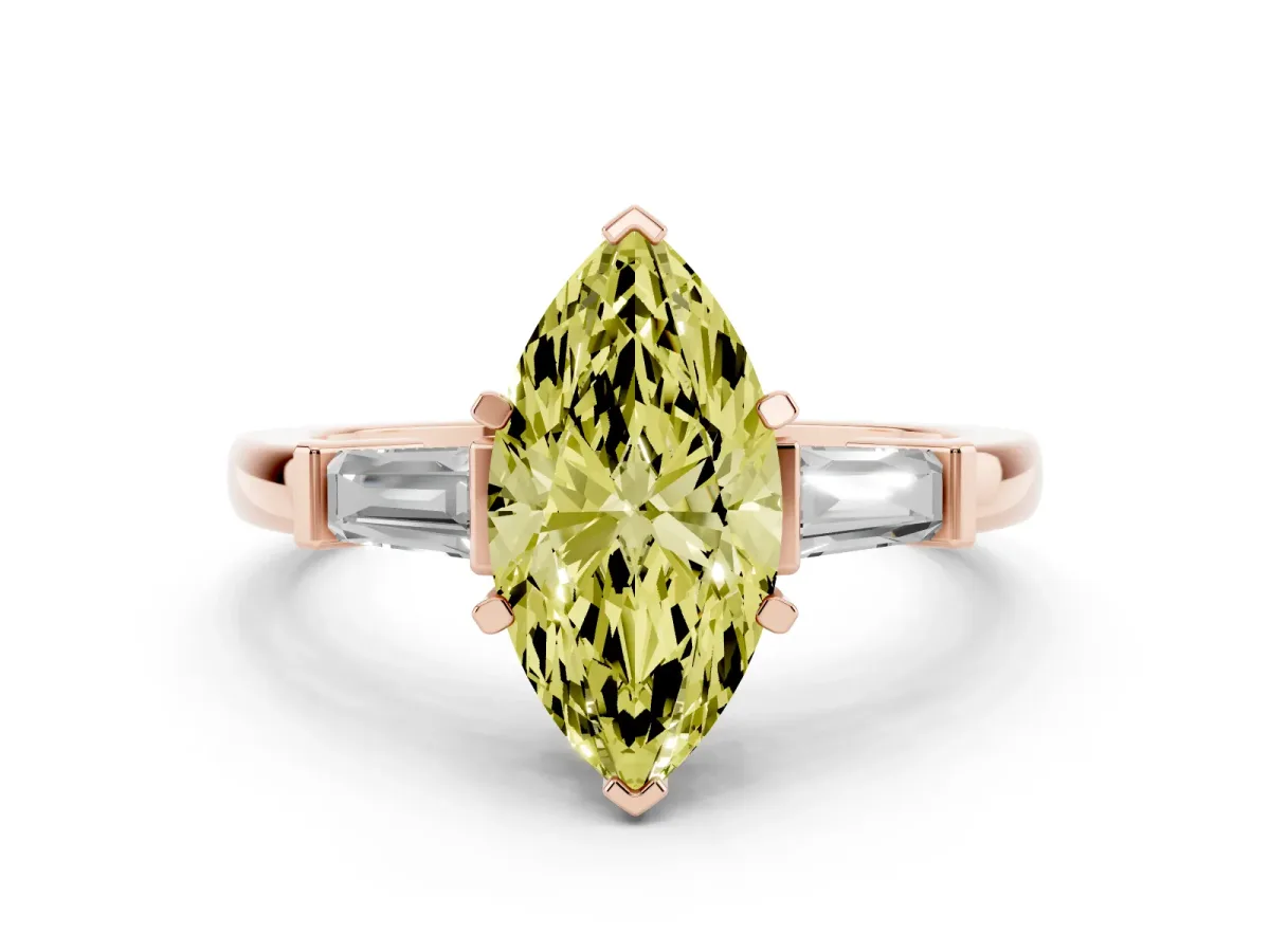 Fancy Yellow Marquise Cut Cut Diamond Solitaire Ring with Tapered Baguette Accents and Four-Prong Setting Rose gold