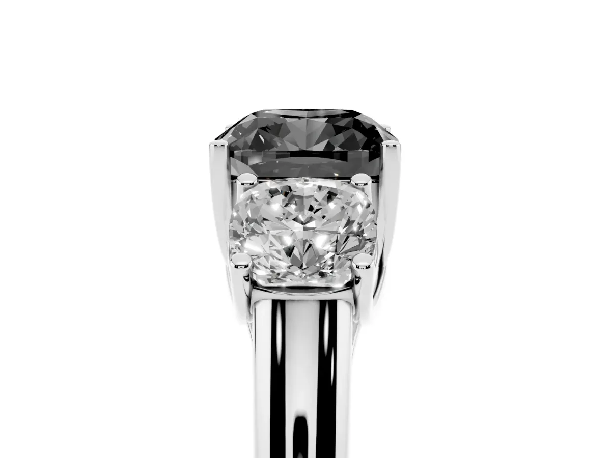 Fancy Black Three-Stone Cushion Cut Diamond Engagement Ring with Prong Setting Silver