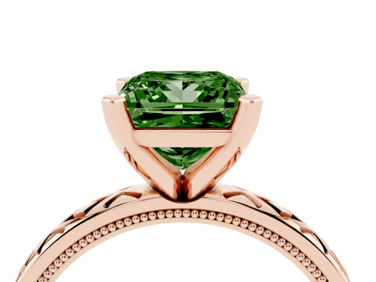 Fancy Green Princess Cut Solitaire Diamond Ring with Milgrain and Black Enamel X Pattern Band Rose gold