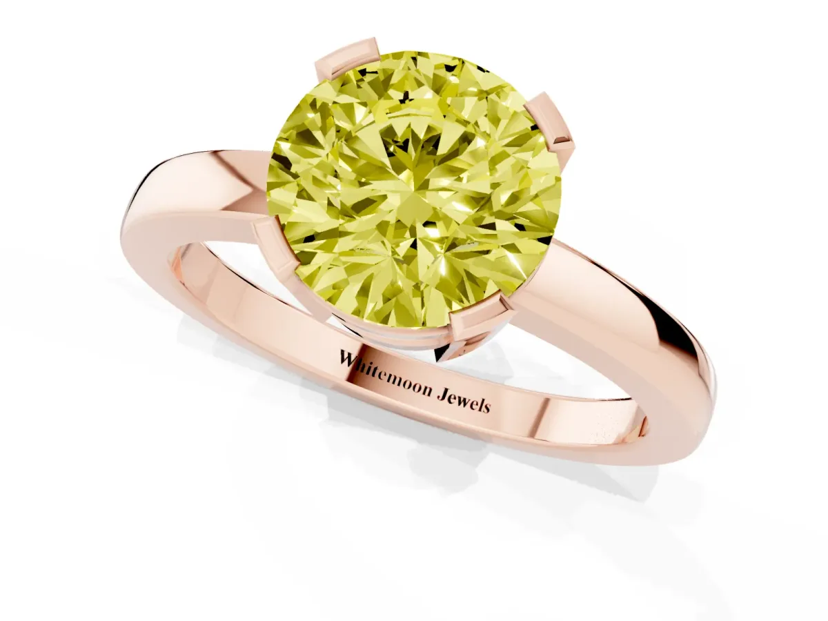 Fancy Yellow Round Cut Cut Solitaire Ring with Four-Prong Setting and Classic Band Rose gold