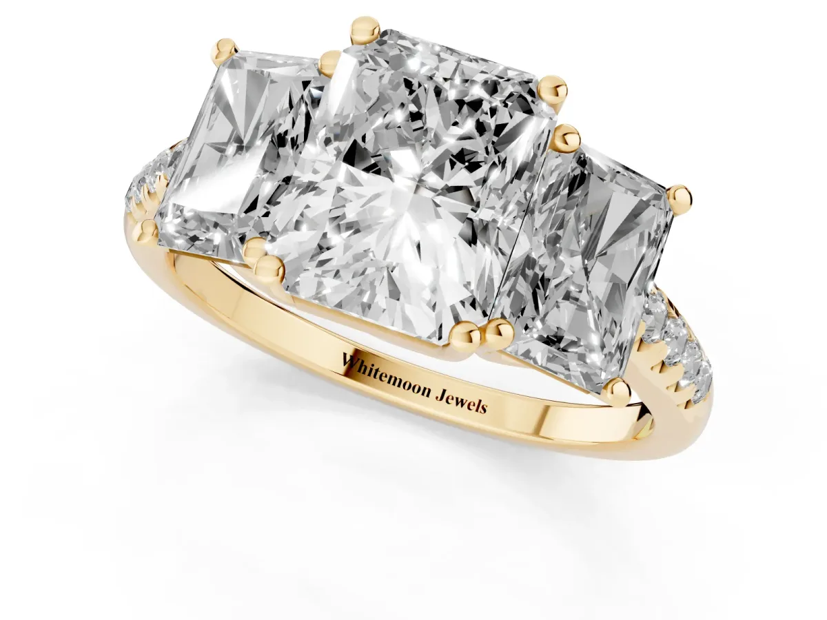 Three-Stone Radiant Cut Diamond Ring with Round Pavé Band and Prong Setting Yellow gold