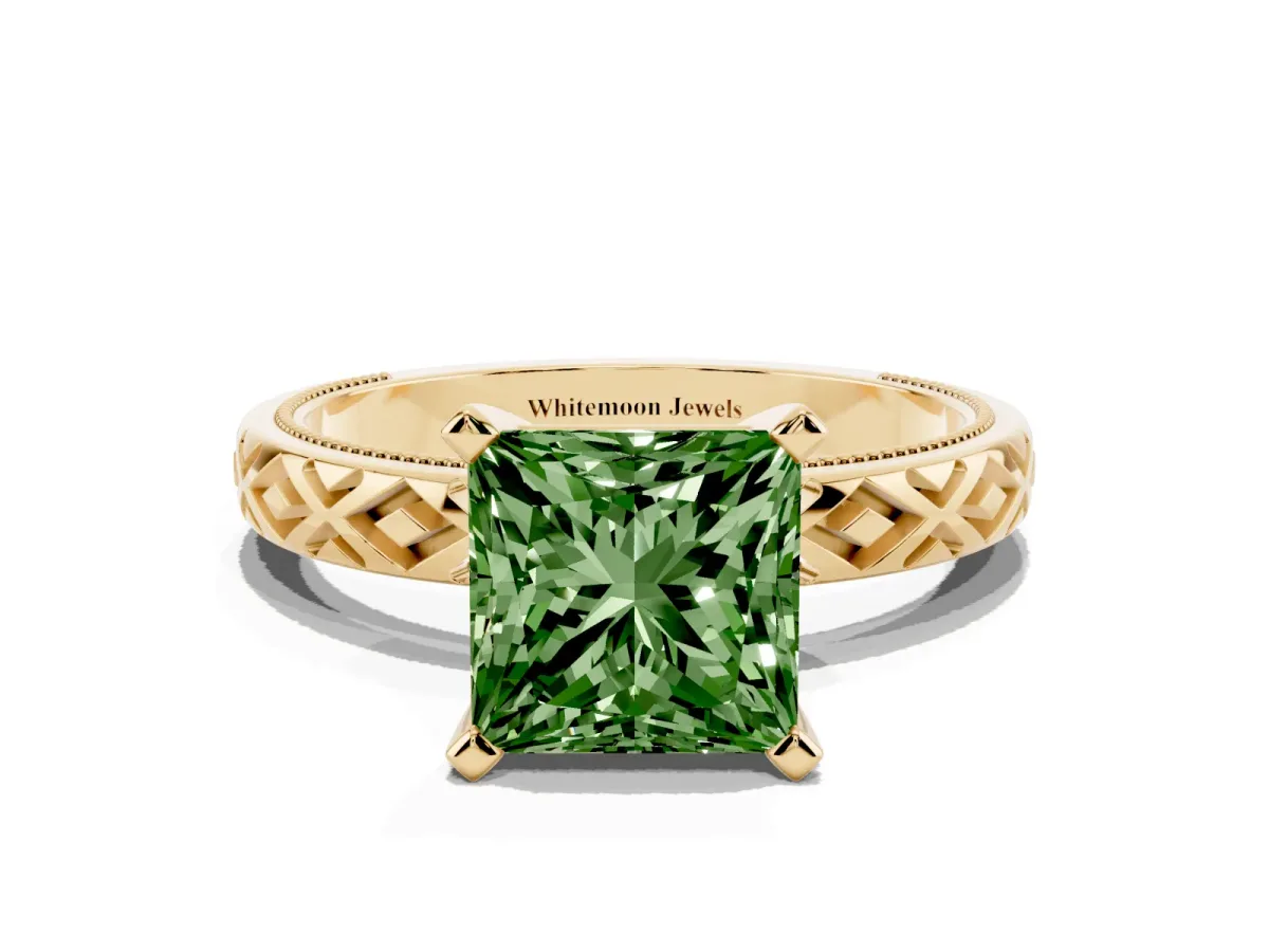 Fancy Green Princess Cut Solitaire Diamond Ring with Milgrain and Black Enamel X Pattern Band Yellow gold