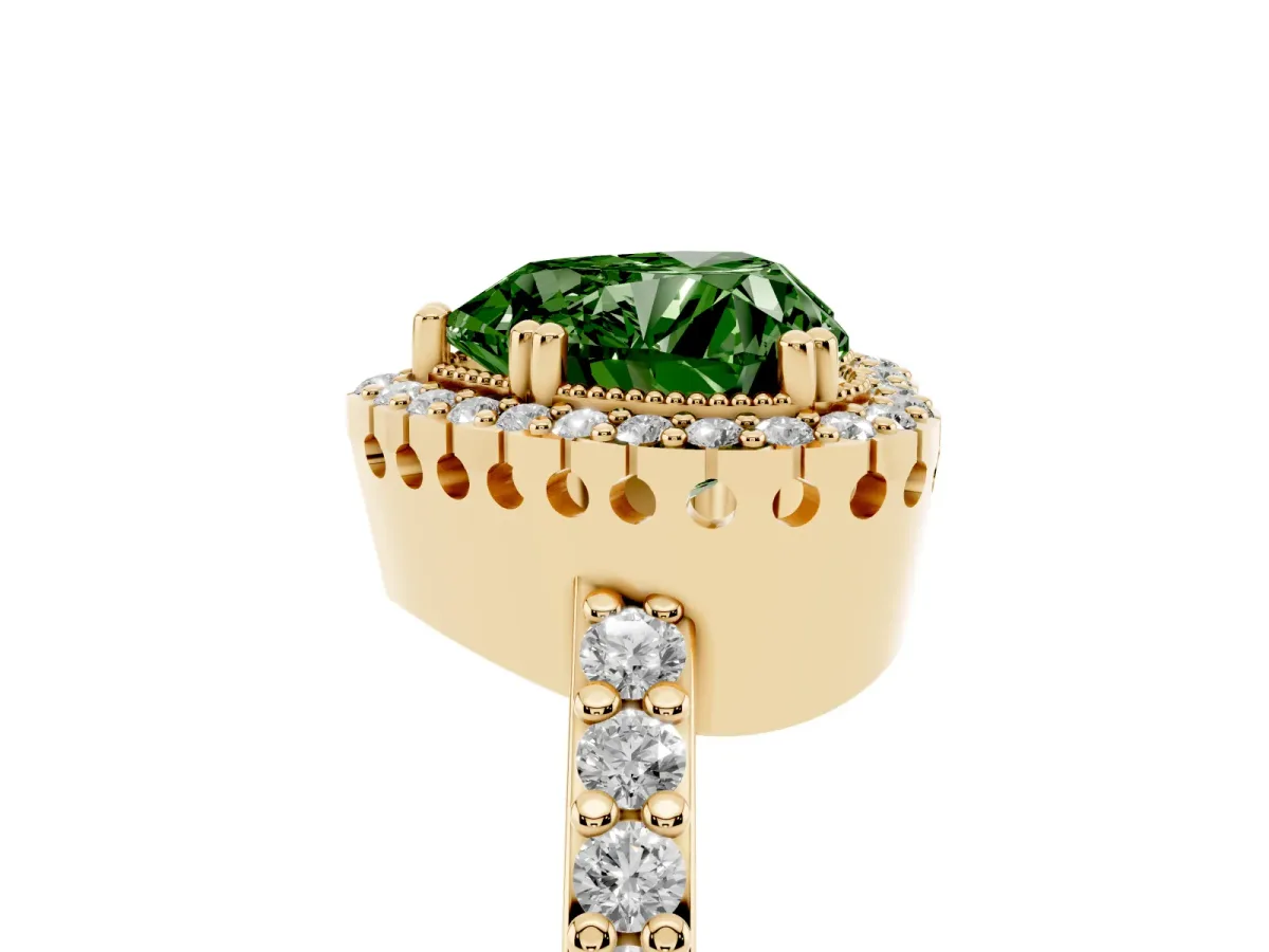 Fancy Green Heart Cut Cut Diamond Halo Engagement Ring with Milgrain Detail and Pavé Band Yellow gold