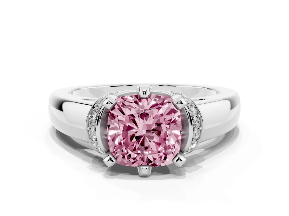 Fancy Pink Cushion Cut Solitaire Diamond Ring with Pave Band and Six-Prong Setting Silver