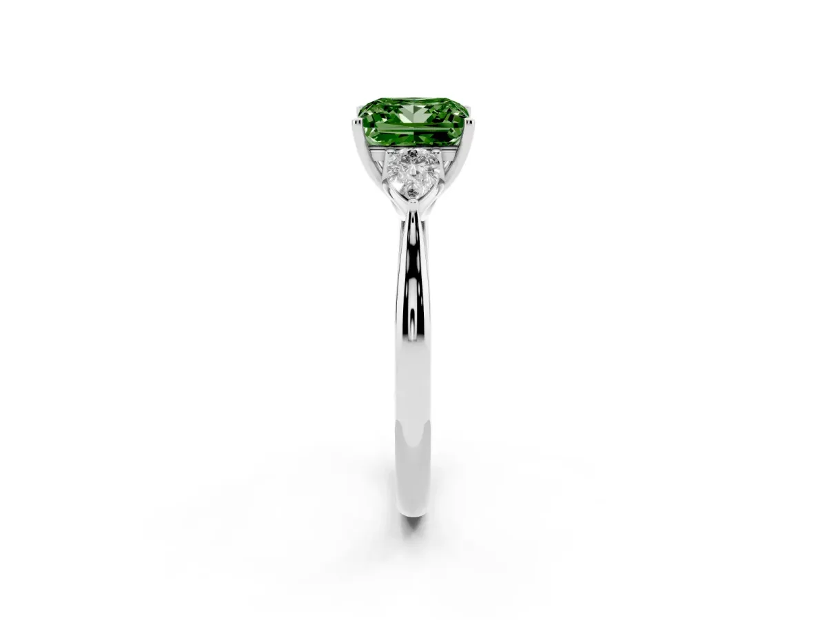Fancy Green Princess Cut Diamond Three-Stone Ring with Pear Side Stones and Prong Setting Silver