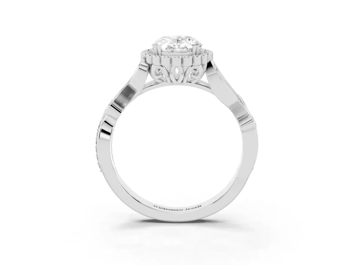 Oval Cut Diamond Halo Ring with Vintage Split Shank and Four-Prong Setting Silver