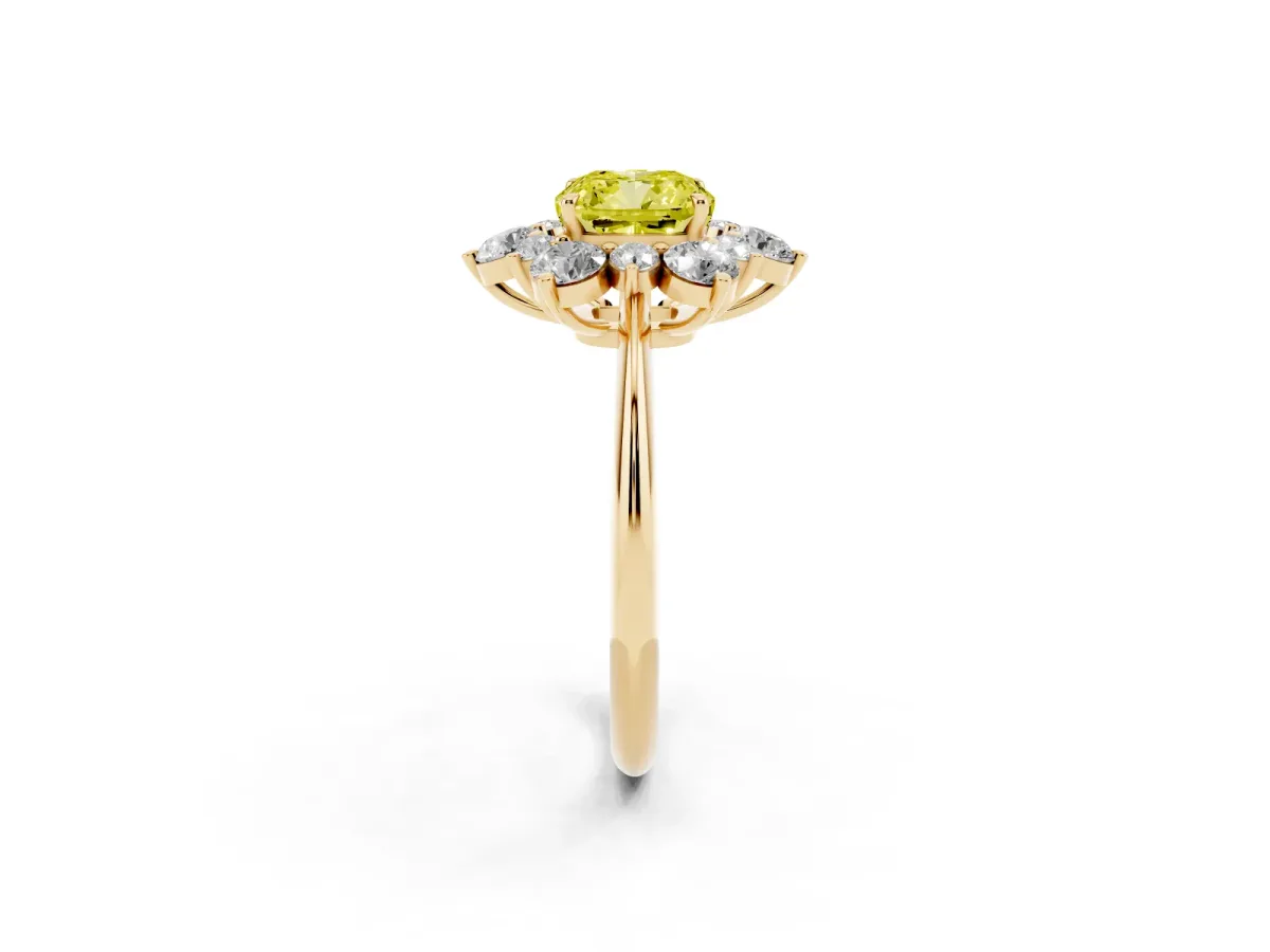 Fancy Yellow Cushion Cut Diamond Cluster Halo Ring with Solitaire Band and Four-Prong Setting Yellow gold