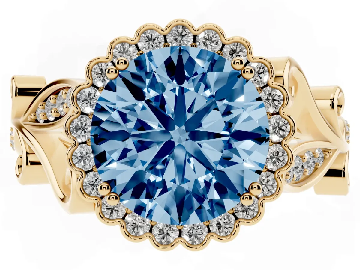 Fancy Blue Round Cut Diamond Halo Ring with Vintage Split Shank and Four-Prong Setting Yellow gold