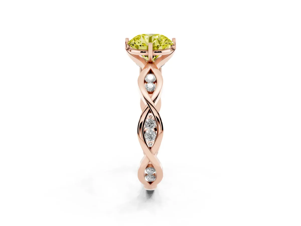 Fancy Yellow Round Cut Solitaire Twist Band with Leaf Prong Setting Rose gold