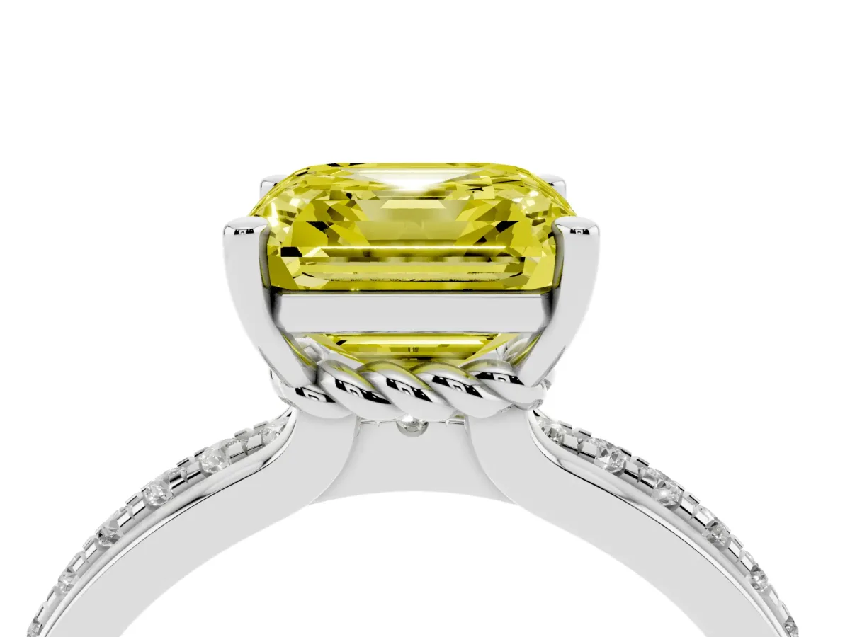Fancy Yellow Asscher Cut Solitaire Diamond Ring with Channel Set Band and Six-Prong Setting White gold