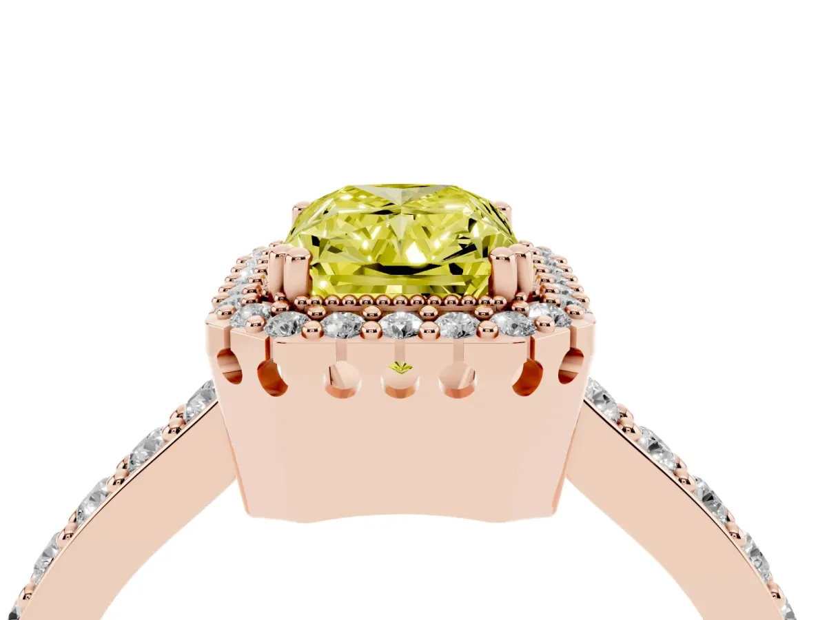 Fancy Yellow Radiant Cut Cut Diamond Halo Engagement Ring with Milgrain Detail and Pavé Band Rose gold