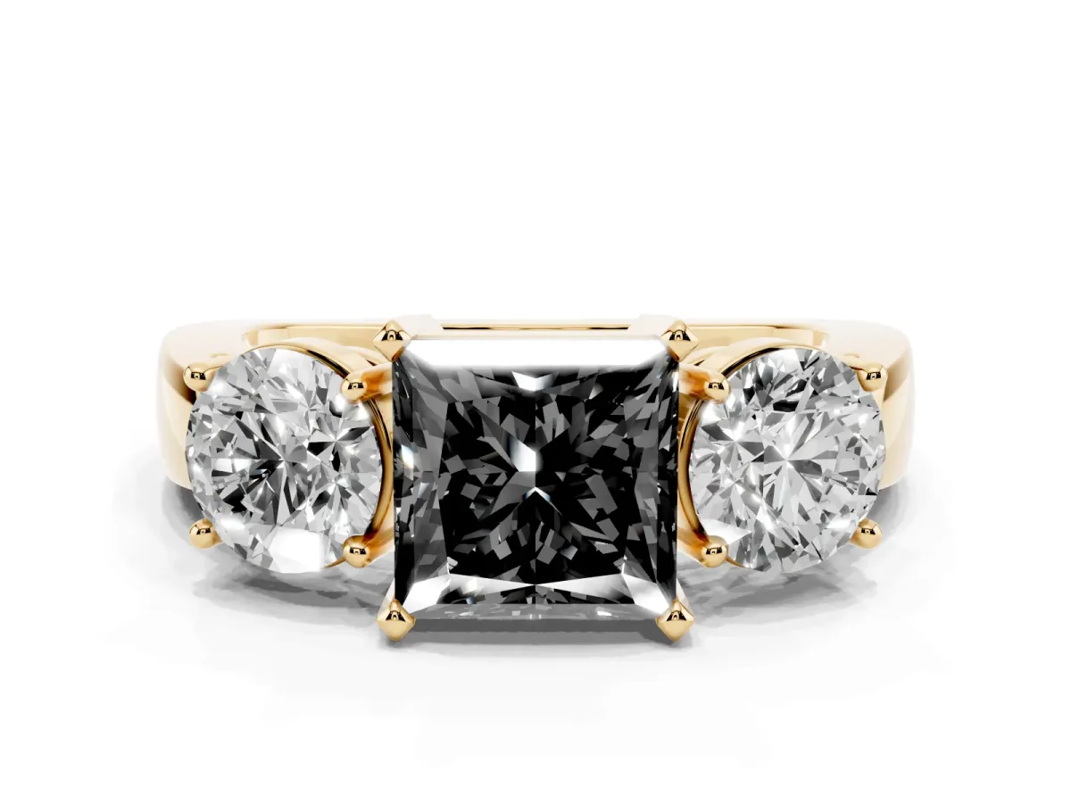 Fancy Black Three-Stone Princess Cut Diamond Ring with Round Side Stones, Classic Band, and Four-Prong Setting Yellow gold