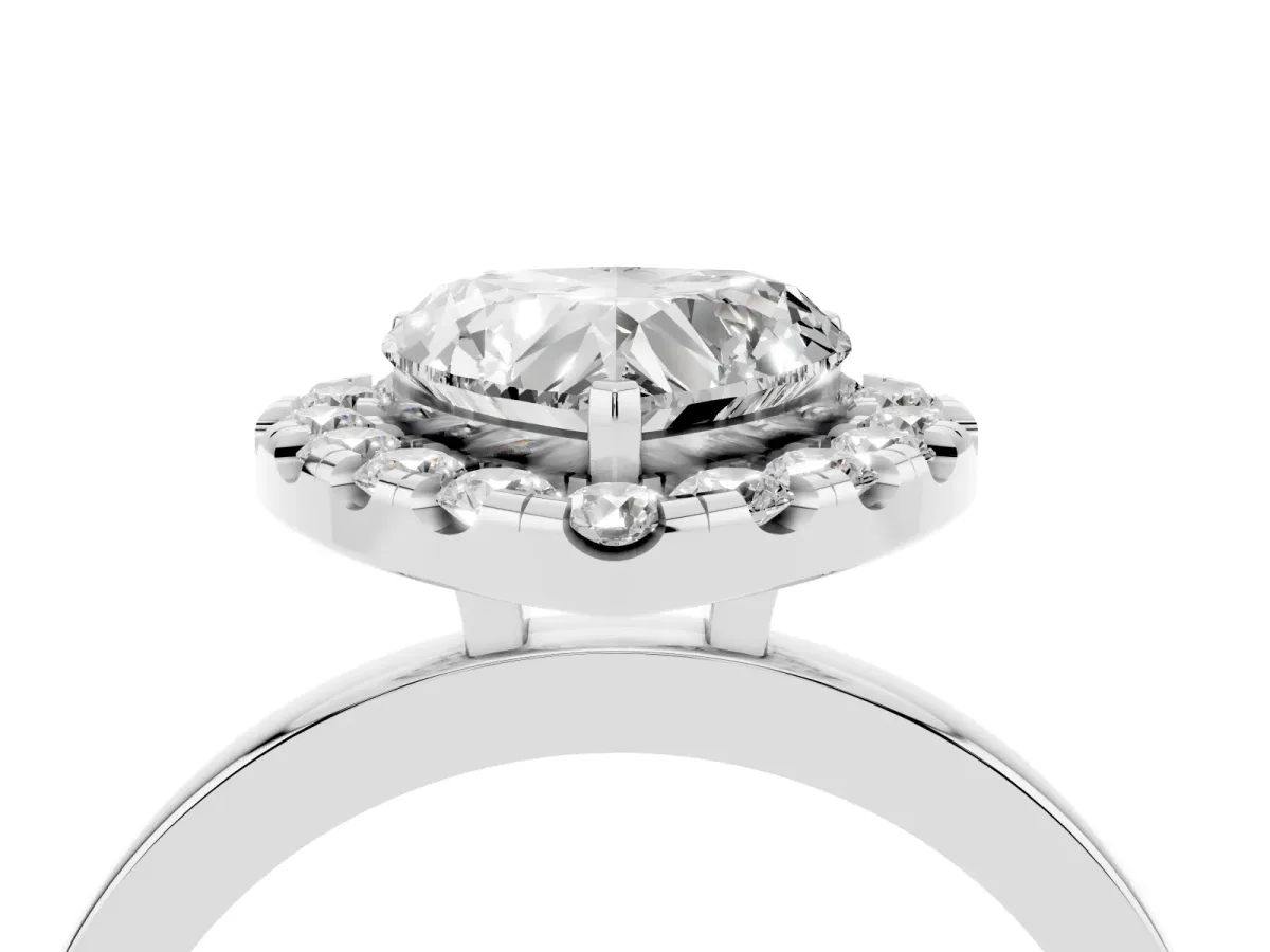 Heart Cut Halo Diamond Solitaire with Pavé Band and Four-Prong Setting Platinum