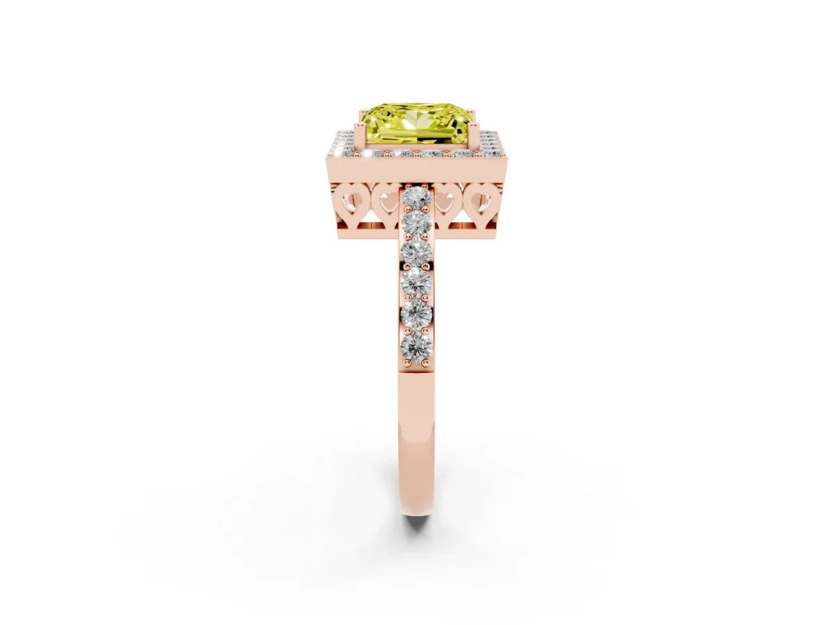 Fancy Yellow Princess Cut Halo Diamond Pavé Band Ring with Prong Setting Rose gold