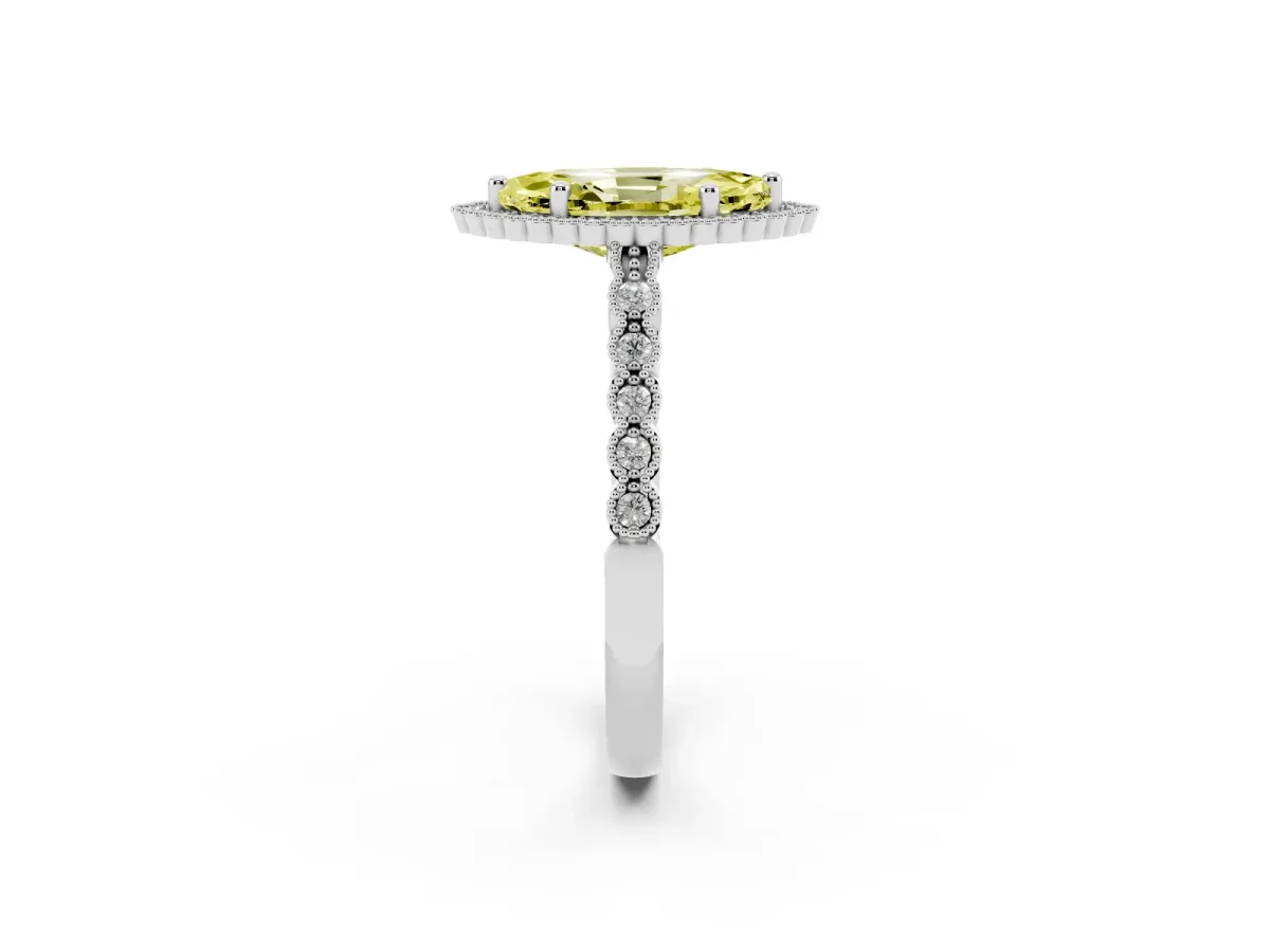 Fancy Yellow Marquise Cut Cut Halo Pavé Solitaire Ring with Milgrain Band White gold
