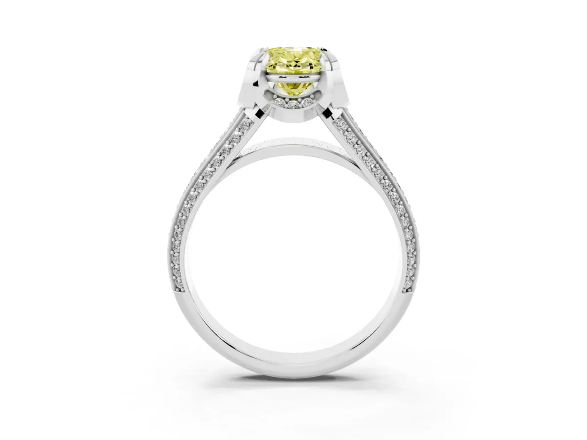 Fancy Yellow Oval Cut Solitaire Pave Split Shank Ring with Four-Prong Setting Platinum