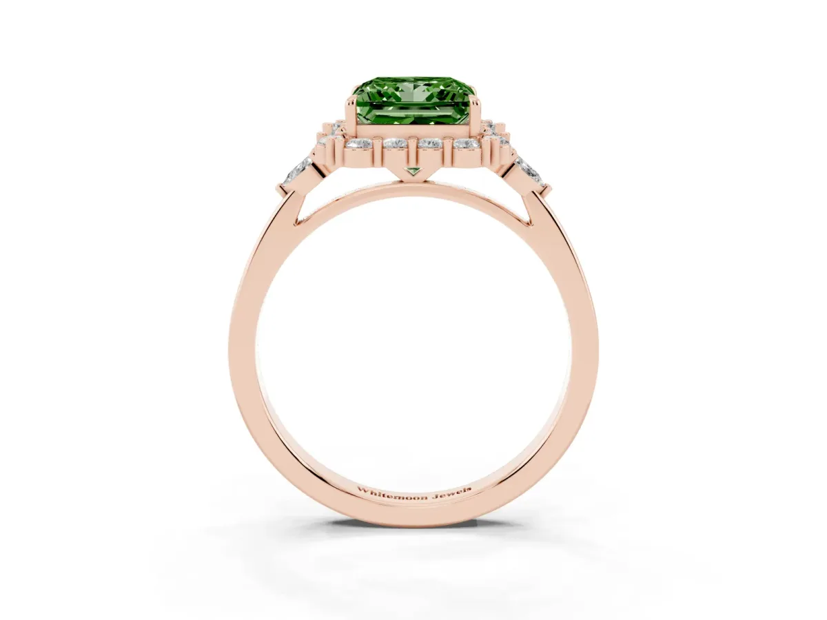 Fancy Green Princess Cut Diamond Halo Ring with Pear Side Stones and Prong Setting Rose gold
