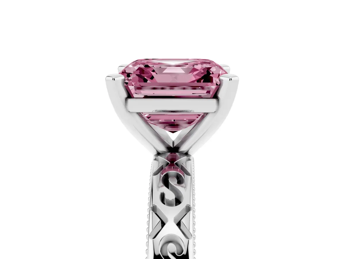 Fancy Pink Asscher Cut Solitaire Engagement Ring with Scrollwork Band and Four-Prong Setting Silver