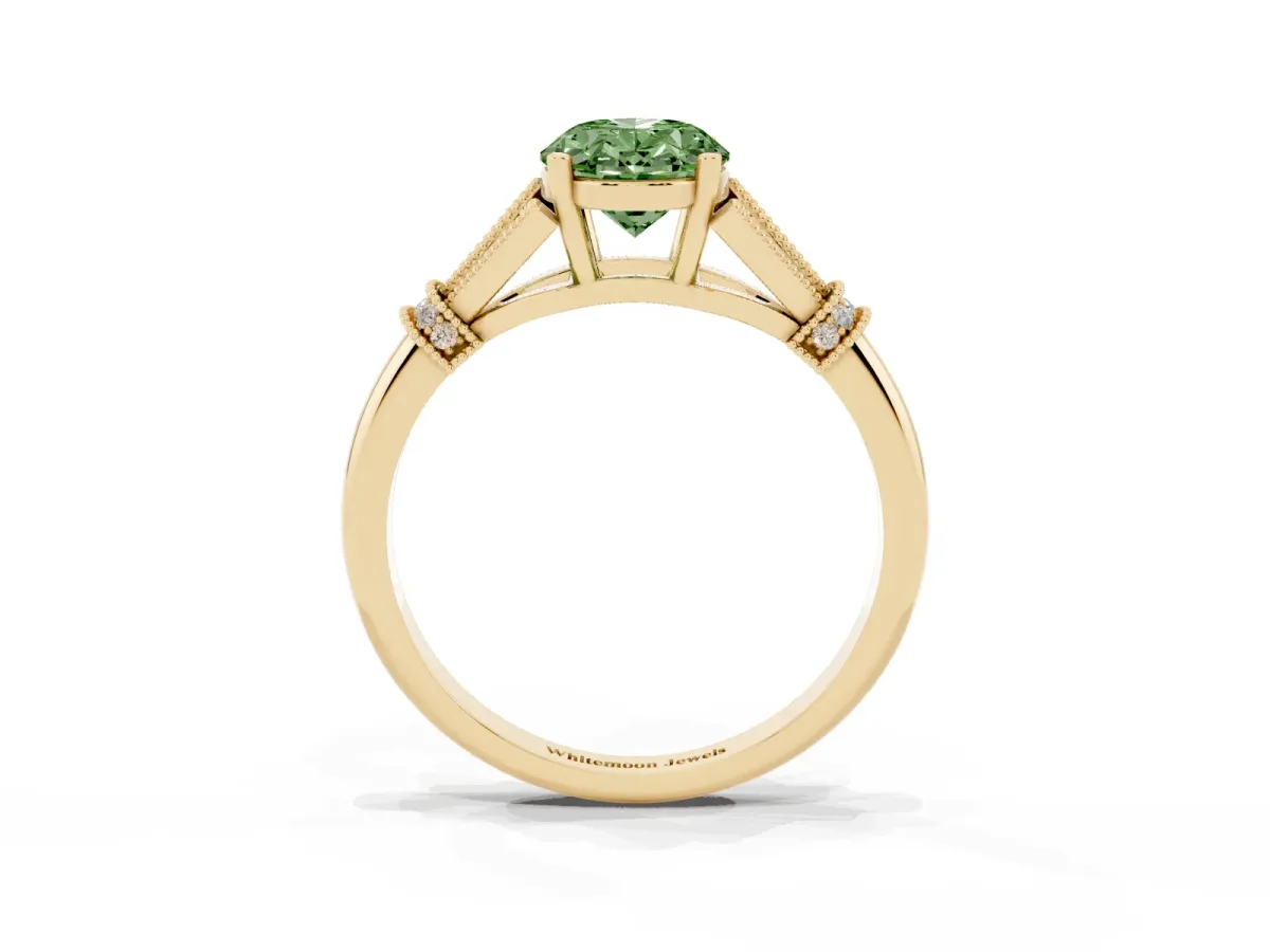 Fancy Green Oval Cut Diamond Solitaire Ring with Floral Filigree and Pave Accents Yellow gold