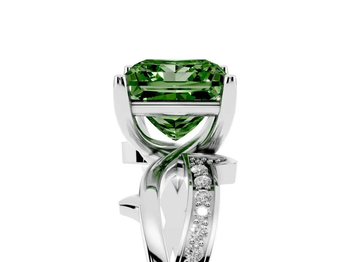 Fancy Green Princess Cut Solitaire Twist Band with Pavé Accents and Four-Prong Setting White gold