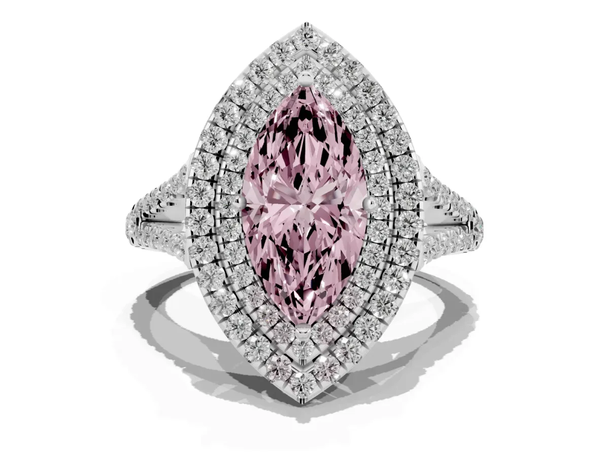 Fancy Pink Marquise Cut Diamond Double Halo Ring with Pavé Band and Prong Setting Silver