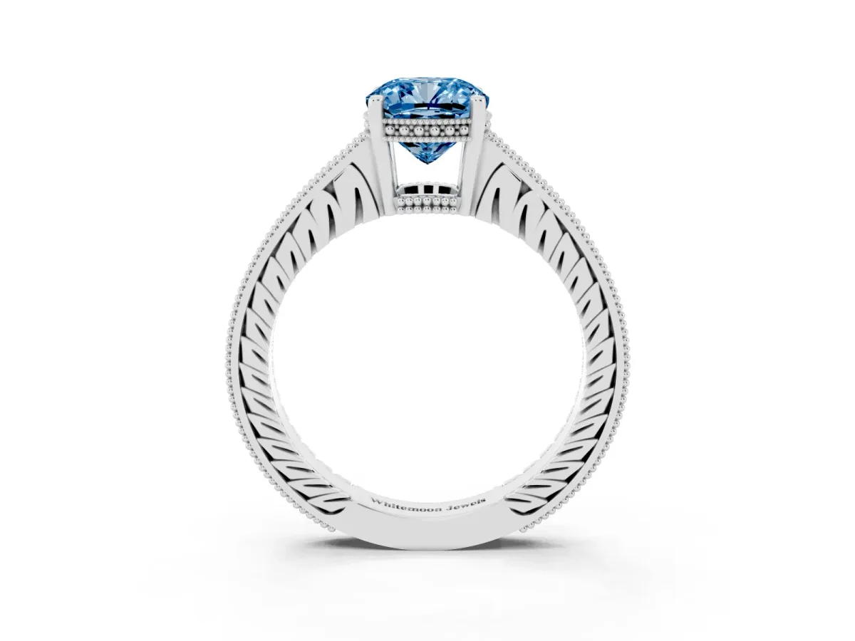 Fancy Blue Cushion Cut Solitaire Pavé Diamond Milgrain Engagement Ring with Four-Prong Setting Silver