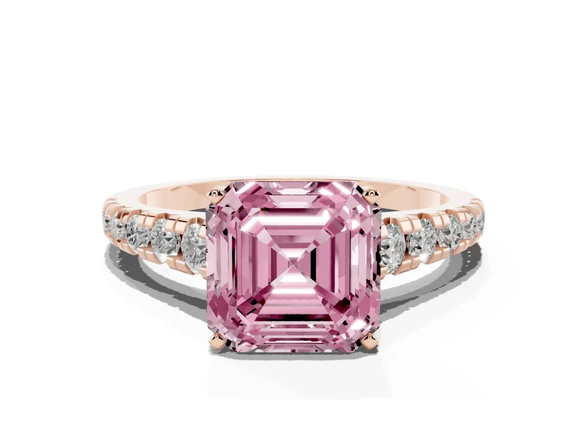 Fancy Pink Asscher Cut Diamond Cathedral Solitaire Ring with Round Pavé Band Rose gold