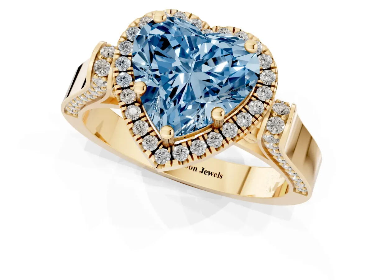 Fancy Blue Heart Cut Halo Pave Split Shank Prong Setting Ring Yellow gold