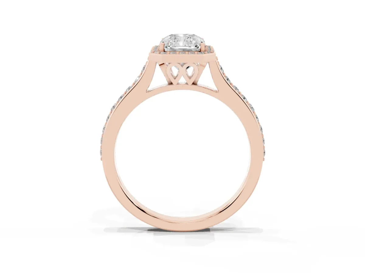 Radiant Cut Diamond Halo Engagement Ring with Round Pavé Shoulders and Prong Setting Rose gold