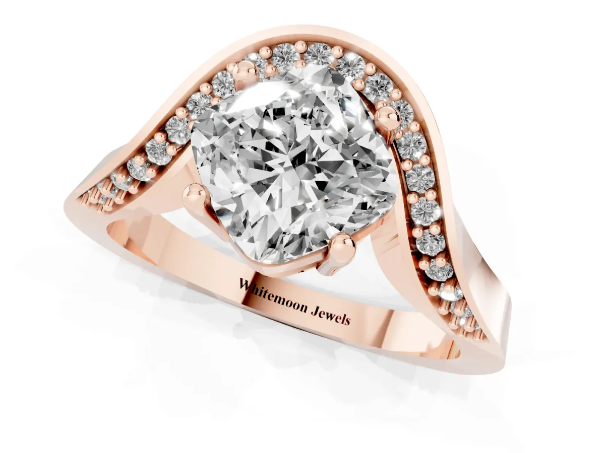Cushion Cut Solitaire Diamond Engagement Ring with Pave Band and Four-Prong Setting Rose gold